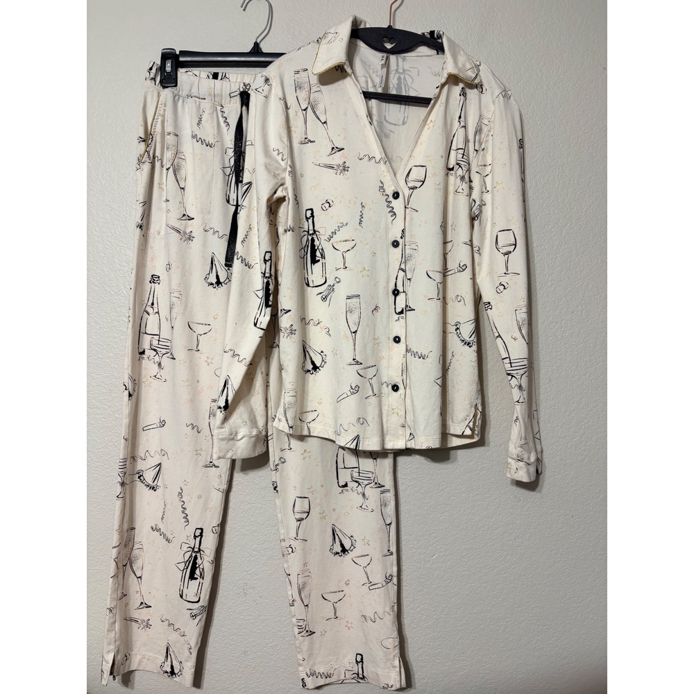 Soma Fizz the Season Pajama Set Small Ivory Champagne Celebration Print 2 Piece